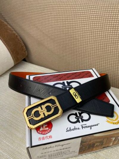 Buy Replica -Ferragamo Black Leather Belt  with Gold  Logo buckle Octagon Buckle 3.8cm